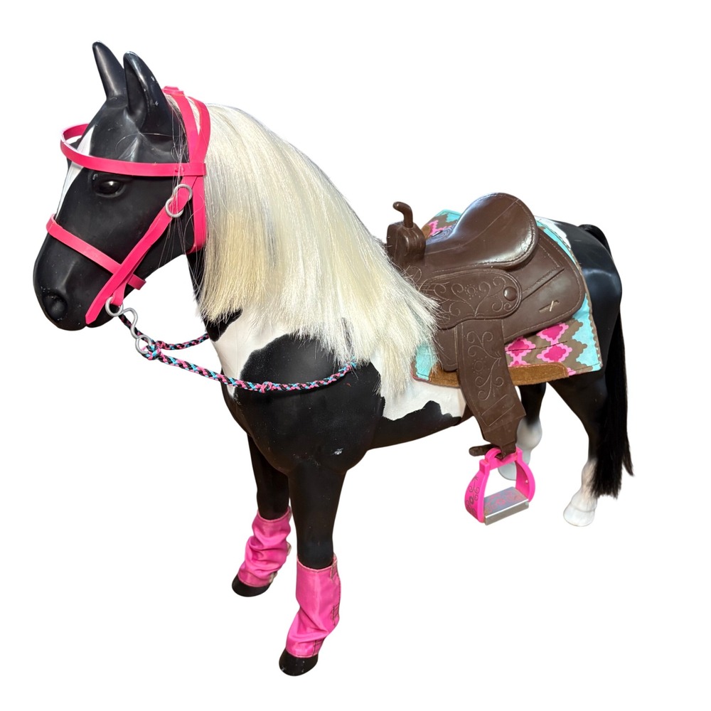Battat Our Generation 20" Horse Black White Paint Blonde Mane Saddle Accessories